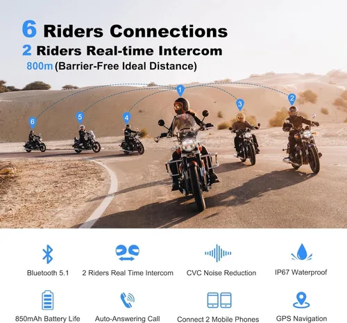 Vista 2 de MIMIRACLE V6 Pro - Auriculares Bluetooth para motocicleta, intercomunicador para casco de 6 ciclistas 800M Intercom Range, Dual Phone Pairing, CVC