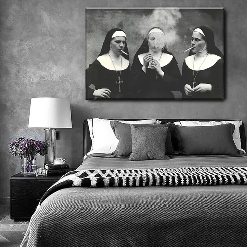 Vista 2 de Black and White Nuns Smoking Wall Art Wall Art Funky Aesthetic Prints Women Portrait Painting Vintage Trendy Wall Art Modern Smoking Nuns Print