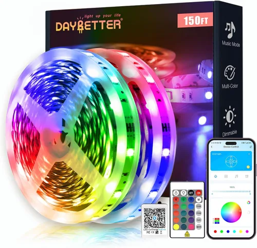 Vista 8 de DAYBETTER - Tira de luces LED RGB inteligentes, luces LED de 50 pies para dormitorio con control de aplicación, cambiantes, multicolor
