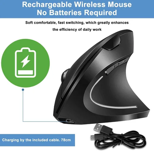 Vista 3 de ASOI - Ratón ergonómico inalámbrico, recargable de 2.4 G, inalámbrico, óptico, vertical, ergonómico, 100012001600 DPI, para laptop, escritorio, PC