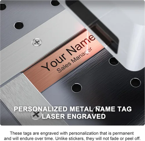 Vista 3 de Etiquetas de nombre magnéticas Insignias de identificación de metal grabadas personalizadas con pin o respaldo adhesivo Etiquetas