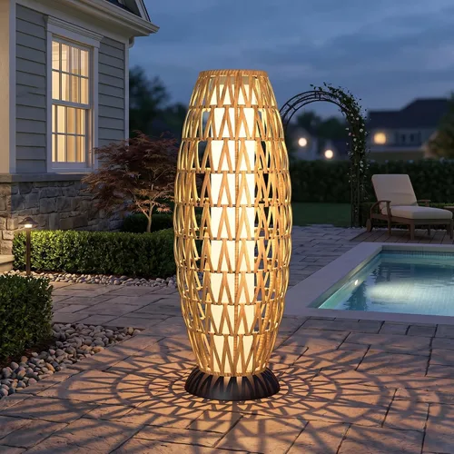 Vista 14 de Solar Yard Lámpara de pie para exteriores, luces de patio, farol con energía solar, resistente a la intemperie, luces de mimbre para terraza