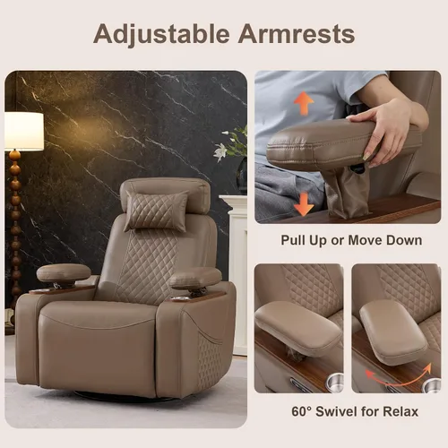 Vista 4 de Silla reclinable giratoria eléctrica para sala de estar, marrón Camel marrón