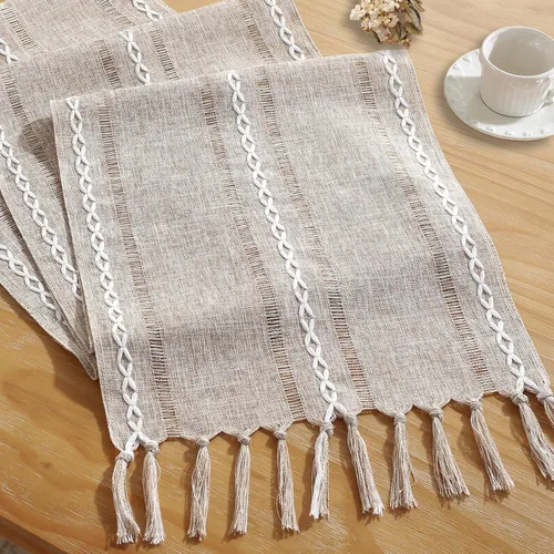 Vista 13 de Camino de mesa rústico bohemio, caminos de mesa de granja de 36 pulgadas de largo para cocina y comedor, 13 x 36 pulgadas, líneas verdes salvia