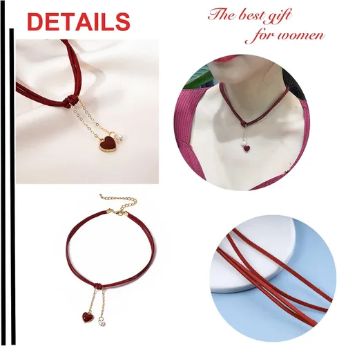 Vista 6 de YienDoo Gargantilla gótica de terciopelo con corazón rojo, gargantilla con colgante de corazón de amor rojo, collar con colgante de perlas punk