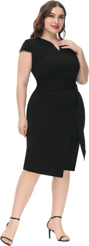 Vista 5 de Hanna Nikole Vestido de tubo ajustado con cinturón para mujer, talla grande, con mangas casquillo, para el trabajo, negocios