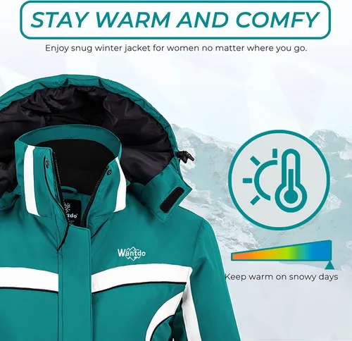 Vista 5 de Wantdo Chaqueta de esquí impermeable para mujer, abrigo de nieve cálido de invierno, chaquetas de snowboard aisladas