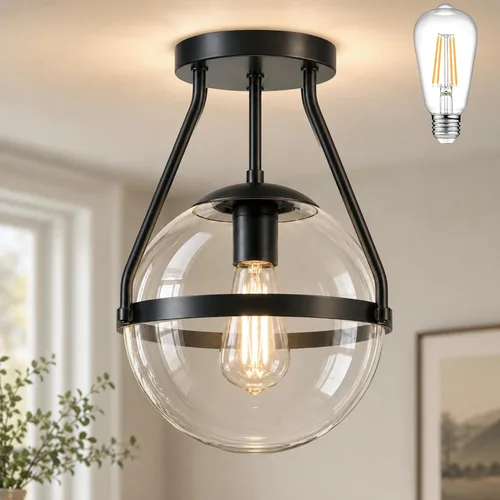Vista 11 de Bagood Lámpara de techo semiempotrada con forma de globo de mediados de siglo, moderna lámpara de techo de globo de 6" con pantalla de vidrio Negro