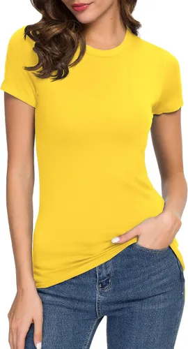 Vista 17 de Camiseta de mujer con cuello redondo, manga corta, ajustada, elástica, básica, de Urban CoCo Negro