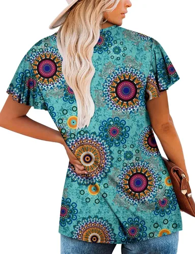 Vista 4 de ROSELINLIN Blusa de verano de manga corta con volantes y cuello en V para mujer