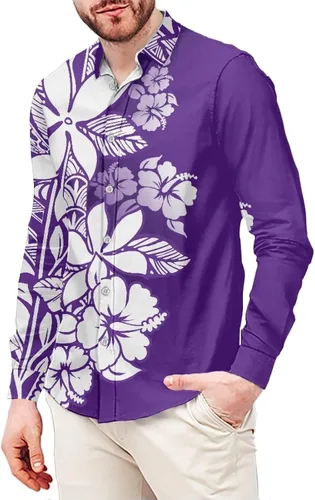 Vista 33 de Camisas polinesias para hombre con patrones de hojas tropicales polinesias, camisa hawaiana de manga larga para hombre, ropa de vacaciones de otoño