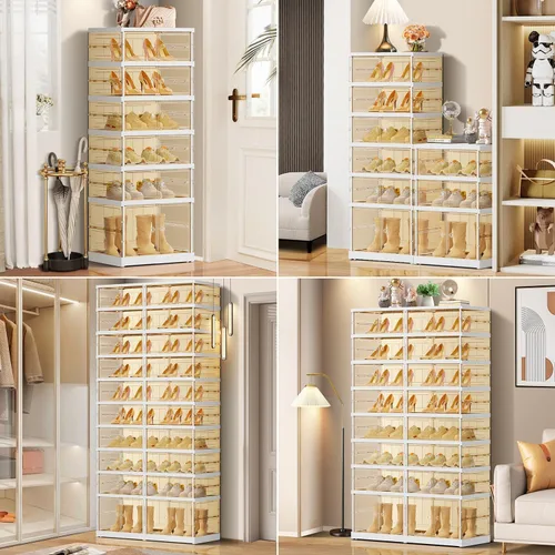 Vista 7 de EHAMILY 3 niveles, 6-12 pares de cajas de zapatos plegables, estante grande de plástico para almacenamiento de zapatos, organizador de zapatos