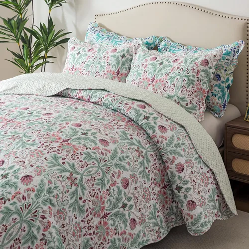 Vista 61 de Juego de cama de dos piezas, tamaño individual, de microfibra, reversible, de retazos, estilo floral, todas las estaciones, patrón de porcelana azul