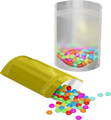 Vista 26 de 100 bolsas de sellado con cremallera resellables de papel metálico de color transparente esmerilado para ventana (negro, soporte 2 onzas)