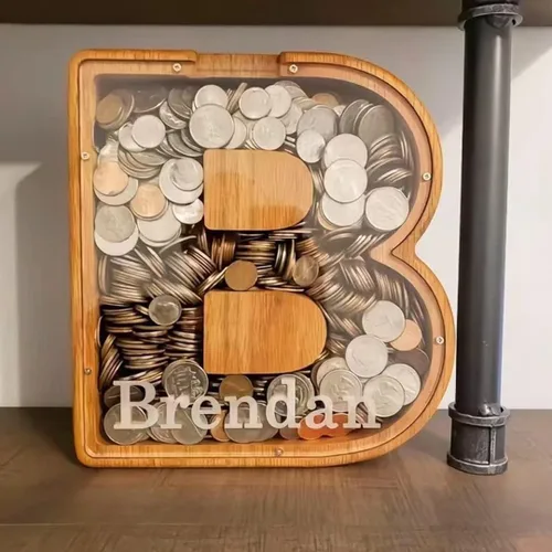 Vista 8 de Alcancía para niños y niñas, hucha grande de 26 letras del alfabeto inglés, de madera personalizada, caja de ahorro de dinero personalizada, nombre