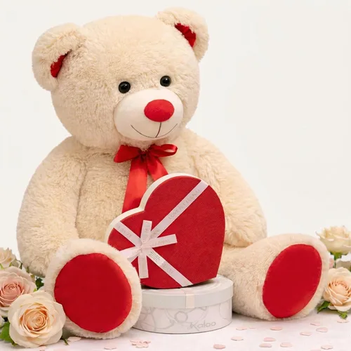 Vista 4 de Enorme Oso de Peluche Animal de Peluche Oso de Peluche Gigante con Lazo de Cinta Roja Juguete de Peluche de Día Regalo para Novia y Niños 36 Beige