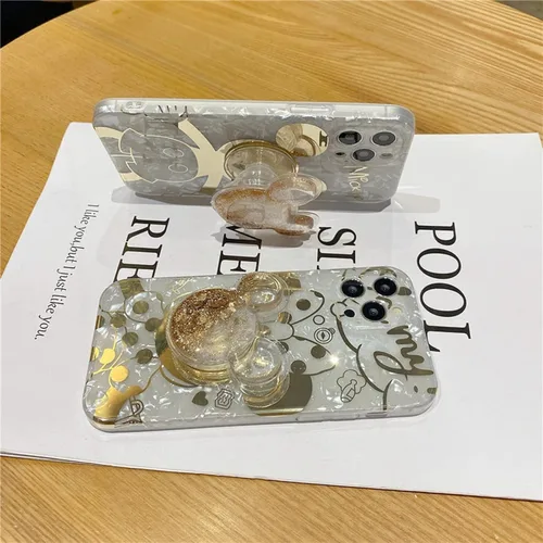 Vista 6 de Funda de dibujos animados para iPhone XR 6.1'' con protector de pantalla HD, Mickey Mouse con soporte para teléfono celular de arena movediza