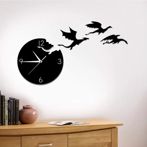 Vista 7 de The Geeky Days Reloj de pared de dragón de fantasía enojado mágico volador abstracto gótico cuento de hadas dragón arte de pared cuarzo analógico