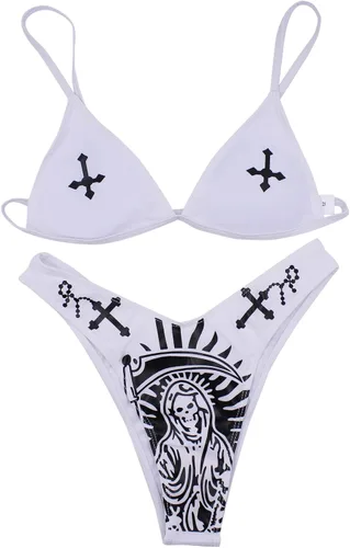 Vista 41 de AIBEARTY Traje de baño de dos piezas con estampado de calaveras para mujer, conjunto de bikini triangular de corte alto para fiesta, festival