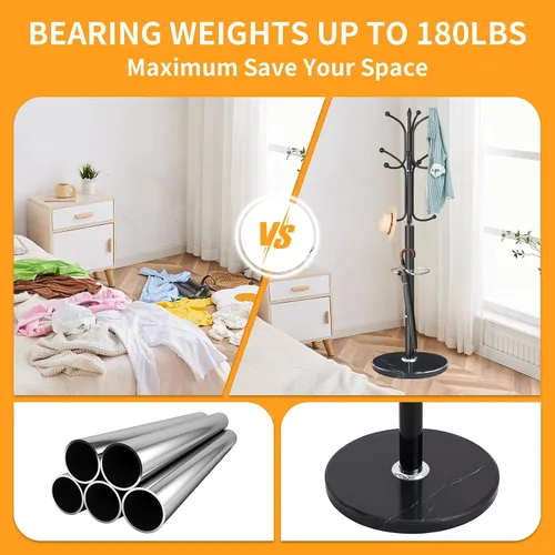 Vista 3 de ZOZOE Perchero de Metal con Soporte, Perchero Moderno Independiente con Base de Mármol Natural, Percheros Resistentes con 12 Ganchos y Negro