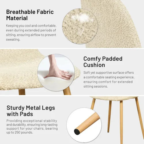 Vista 5 de FurnitureR Juego de 4 sillas de comedor, asiento de comedor tapizado de tela de felpilla con patas de metal resistentes, sillas laterales de Beige