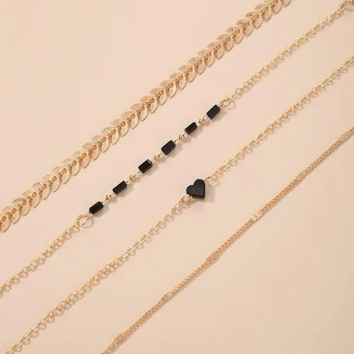 Vista 2 de Juego de 4 pulseras de cadena de eslabones de oro para mujer, pulsera pequeña con dije de corazón de amor para niñas, cadena básica, joyería