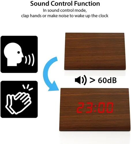 Vista 2 de Moderno reloj despertador con indicador de temperatura y calendario con diseño triangular de madera con luces led. Gearonic TM. Marrón