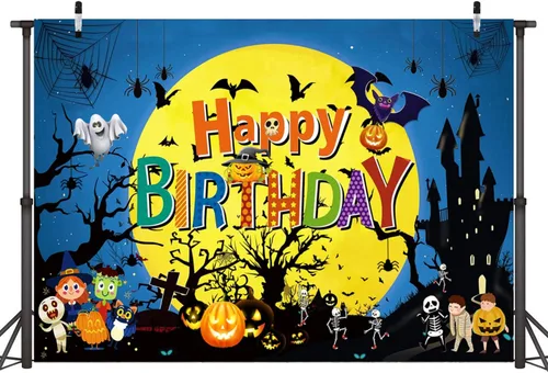 Vista 3 de Sensfun Telón de fondo de cumpleaños de Feliz Halloween, Luna Noche, Calabaza, Fondo de cumpleaños, Castillo Fantasma, Telón de fondo de Halloween