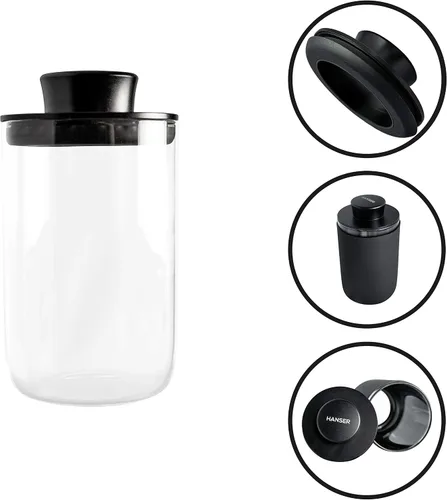 Vista 2 de Hanser Tarro de almacenamiento de vidrio Recipiente de vidrio hermético (9.5 fl oz) Tapa de aluminio con anillo de sellado Incluye cubierta