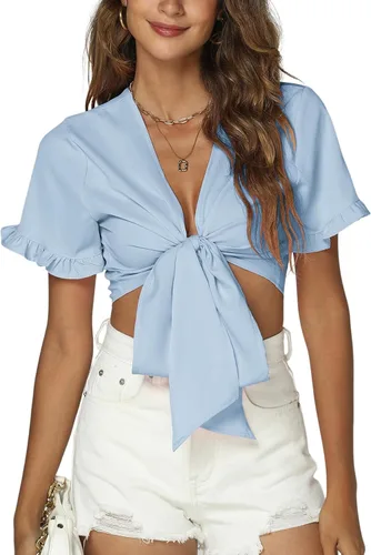 Vista 4 de LYANER Blusa corta de manga corta con cuello en V profundo para mujer, nudo frontal y volantes