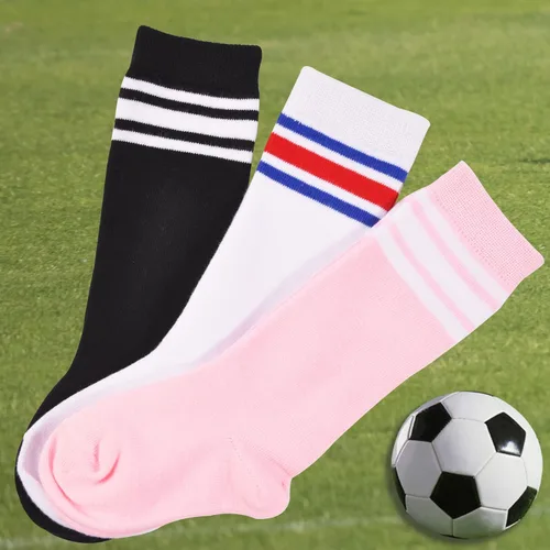Vista 6 de Calcetines de fútbol para niños, a rayas, calcetines altos hasta la rodilla, 236 pares de calcetines de uniforme escolar, calcetines deportivos
