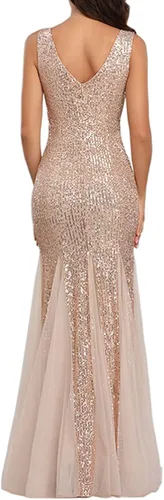 Vista 3 de Vestido de fiesta para mujer, con lentejuelas, tul sexy, cuello en V, sin mangas, formal, vestidos de graduación