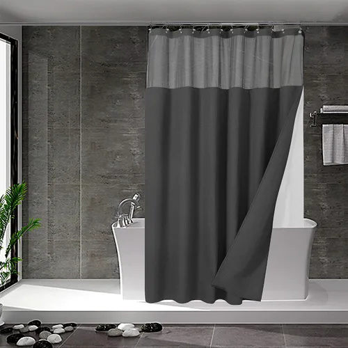 Vista 8 de N&Y HOME - Juego de cortina de ducha de punto gofre, forro de tela a presión y ganchos, para ducha pequeña, estilo hotel, ventana superior de malla