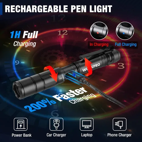 Vista 3 de WORKPRO Luz recargable para bolígrafo, mini linterna, paquete de 2 linternas EDC ultracompactas, linterna de bolsillo con clip, función de memoria