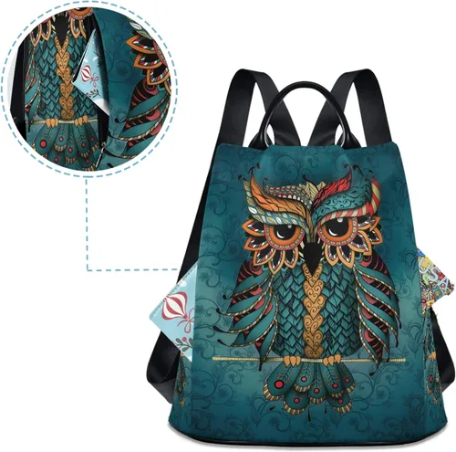Vista 4 de ALAZA - Mochila para mujer, antirrobo, a la moda, bolsa de hombro, estampado de búho y étnico
