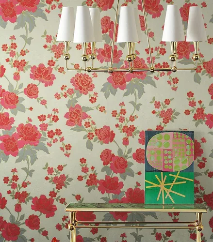 Vista 2 de J9175 - Papel tapiz floral para despegar y pegar de 17.7 pulgadas x 9.8 pies, color rojo/caqui, papel de contacto autoadhesivo extraíble