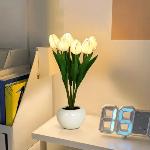 Vista 9 de Lámpara de mesa de tulipán, lámpara de mesa de tulipán, flor de tulipán, funciona con pilas, simulación de flores en maceta, decoración