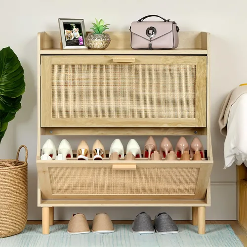 Vista 9 de Finnhomy Zapatero extendido con cajones abatibles de ratán natural para entrada, organizador de zapatos delgado de 2 niveles con tablero superior