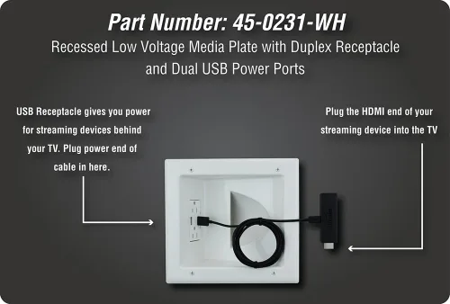 Vista 3 de DATA COMM Electronics 45-0231-WH - Caja de salida de medios empotrable USB, gestión de cables en la pared, receptáculo dúplex, puertos USB dobles