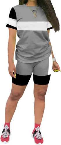 Vista 15 de KINIKO Conjunto deportivo de 2 piezas para mujer, casual, de moda, color sólido, camiseta de manga corta y pantalones Negro-a