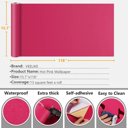 Vista 9 de VEELIKE Papel tapiz rosa magenta para pegar y despegar, papel de contacto rosa para escritorio, armarios, cajones, paredes, 15.7 x 118 pulgadas
