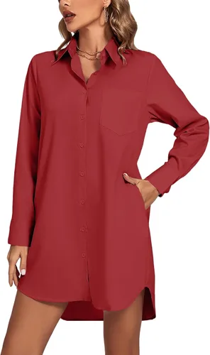 Vista 22 de LYANER Vestido camisero para mujer con cuello en V, botones, manga larga y dobladillo curvado
