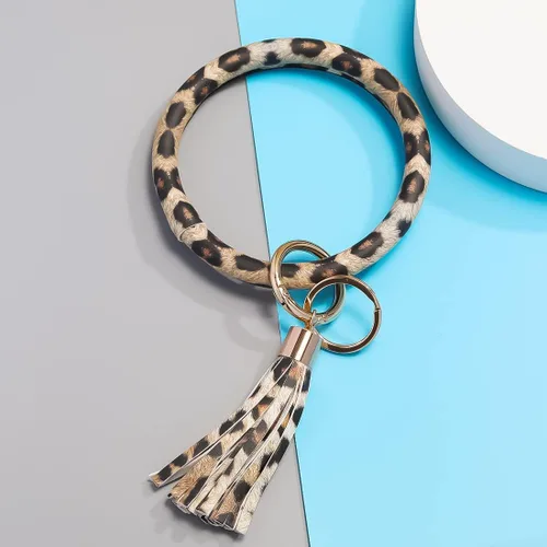 Vista 6 de Coolcos Llavero de piel, círculo grande con borla, para muñeca, brazalete, regalo para mujer