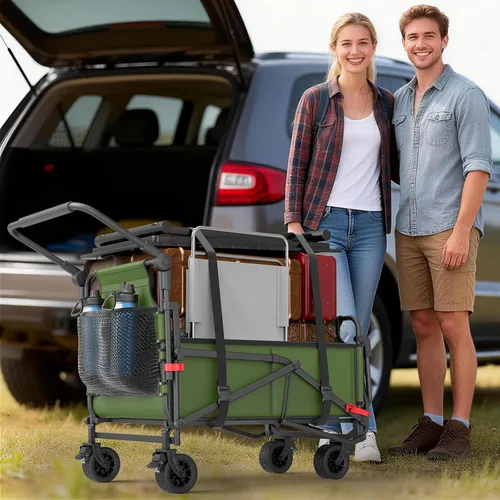 Vista 4 de LEVELEVE Vagón Plegable de Servicio Pesado - Carrito Plegable 2 en 1, Capacidad de 400 libras, Ruedas Todo Terreno con Frenos y Bolsillos Laterales