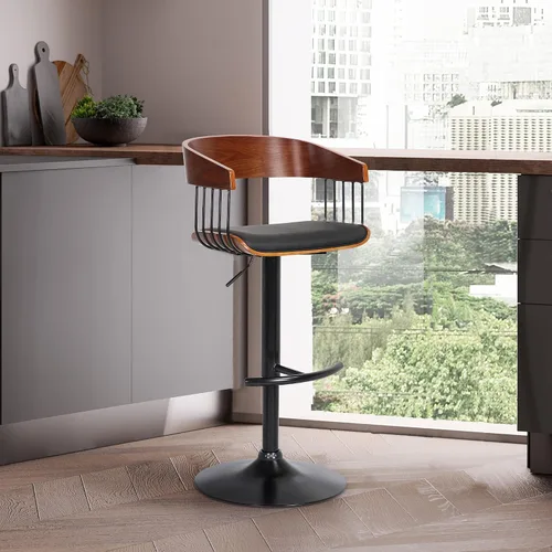 Vista 2 de Armen Living Larisa - Taburete giratorio de madera de nogal de mediados de siglo para encimera de isla de cocina en piel sintética negra con metal