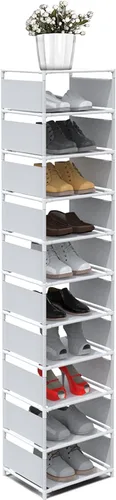 Vista 10 de Zapatero vertical estrecho y alto para entrada de puerta frontal, organizador de zapatos de metal resistente de 10 niveles para armario y entrada