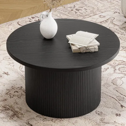 Vista 4 de ONBRILL Mesa de centro redonda de 31.5 pulgadas, mesas de centro con diseño de tambor para sala de estar, mesa de centro de madera moderna de Negro