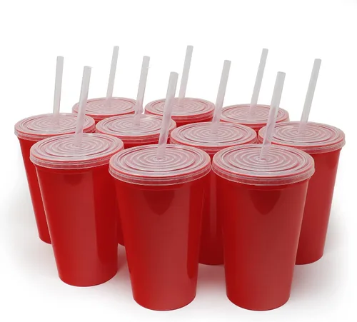 Vista 13 de Rolling Sands Vasos de plástico reutilizables de 22 onzas con tapas, paquete de 10, vasos variados fabricados en Estados Unidos; incluye 10 popotes