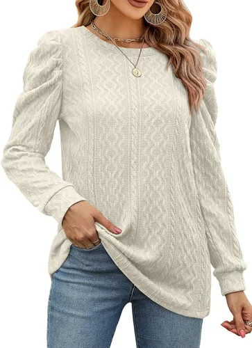 Vista 3 de XIEERDUO Crewneck Sweaters for Women Pullover Comfy Ladies Fall Shirts Crewneck Puff Sleeve Tops