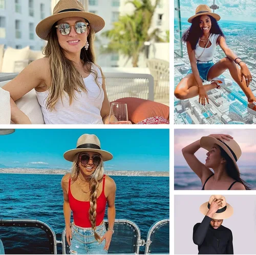 Vista 7 de FURTALK Sombrero Panamá de paja de ala ancha para mujer y hombre, sombrero de paja Fedora para verano, playa, sombrero de paja UPF para mujer